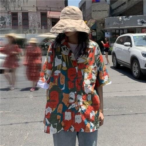 Summer Vintage Shirt Oversize Harajuku Short Sleeve Cardigan 90s Aesthetic Korean Fashion Anime Hippie Blouse Women