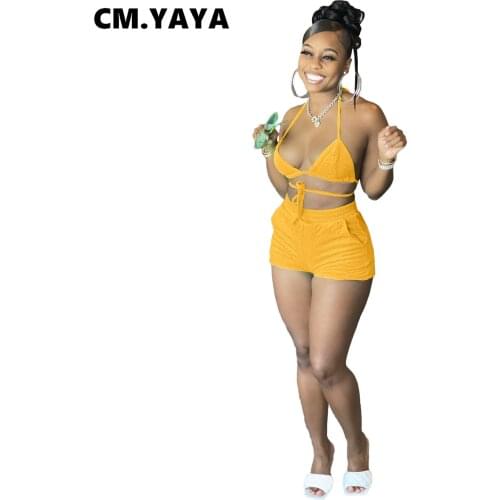 CM.YAYA Women Bikinis Set Solid Bandage Halter Bra Tops Pockets Shorts Two 2 Piece Sets Sexy Swimsuit Summer Beachwear Outfits