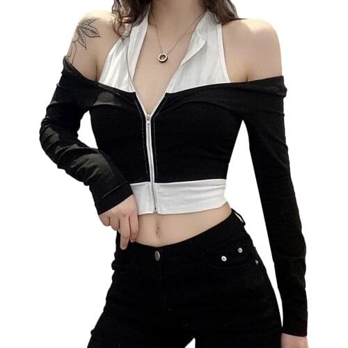 Women Sexy Crop Top Adults Color Block Long Sleeve Round Neck Off Shoulder Zipper Tops Cold Shoulder Ladies Shirt Tees Shirts