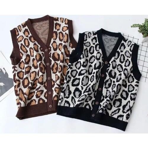 Leopard Jacquard Vintage Knit Women Sweater Vest 2021 Winter Sleeveless V-neck Single-breasted Korean Chic Female Warm Jumpers