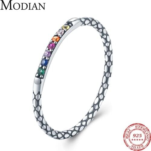 Modian 2021 New 925 Sterling Silver Colorful Rainbow Lucky Vintage Zircon Finger Ring For Women Sparkling CZ Jewelry Gift Bijoux