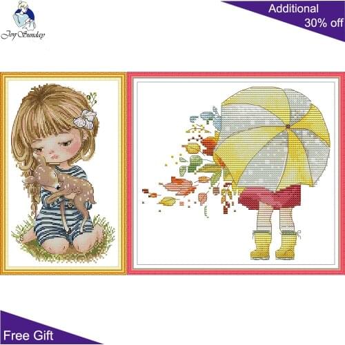 Joy Sunday Umbrella Girl Holding A Fawn RA366 RA369 Counted Stamped Home Decor Cartoon Pretty Girl Needlework Cross Stitch kits