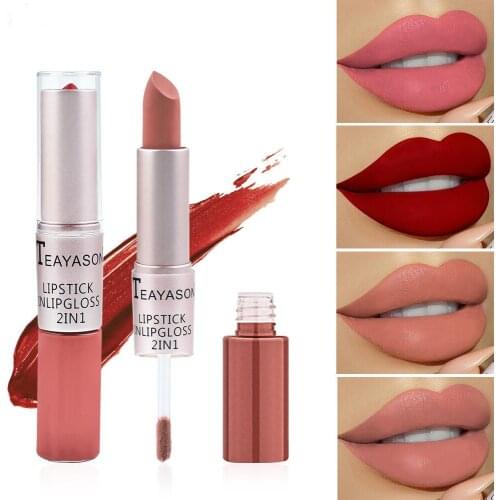 Double-headed non-stick cup matte lip gloss 2-in-1 matte long-lasting bean paste non-fading cup lipstick female lip cosmestics
