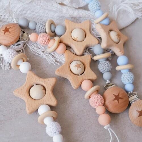 1PC Baby Teether Pacifier Chain Personalized Beech Star Wooden Clip Geometric Crochet Beads Pacifier Clip Chain Tiny Rod Toys