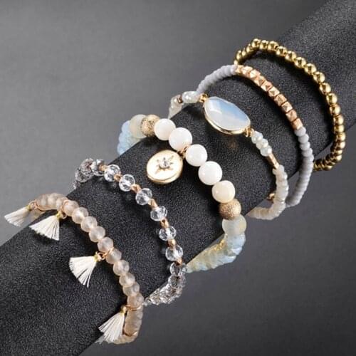 6PCS Women Bracelet Sets Light Color Stone and Facted Glass Mixed With Tassel and Different Bead Stack Strand Version
