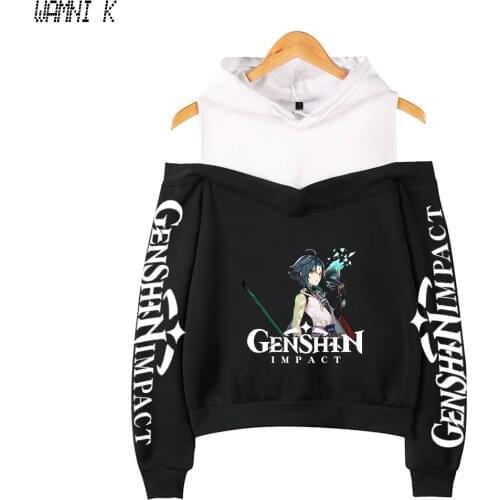 Anime Genshin Impact Off Shoulder hoodies womens Sweatshirts Off-Shoulder Tops Fashion Harajuku girls hoody Tracksuit Oversized