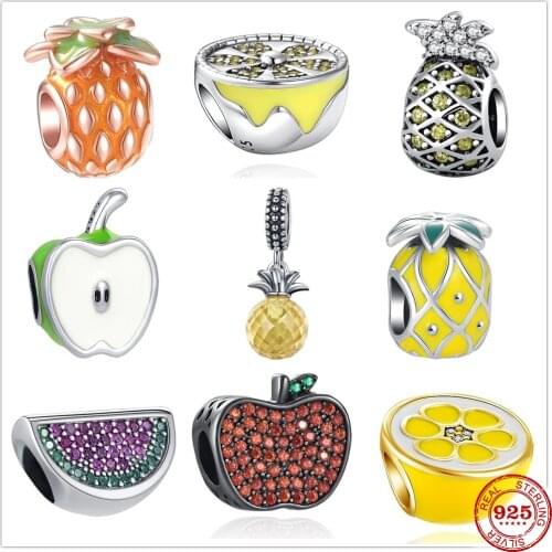 925 Sterling Silver Fruit Pineapple Lemon Watermelon Apple Strawberry DIY fine bead Fit Original Pandora Charm Bracelet Jewelry