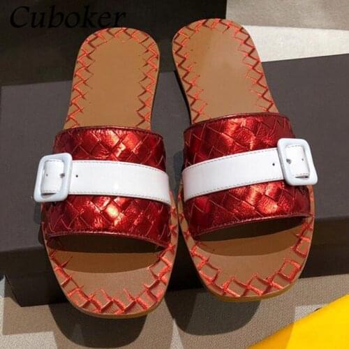 Brand 2021 Women Summer Slippers Peep Toe Leather Slides Female Mules Buckle Decor One Word Belt Causal Flat Shoes Woman Mujer