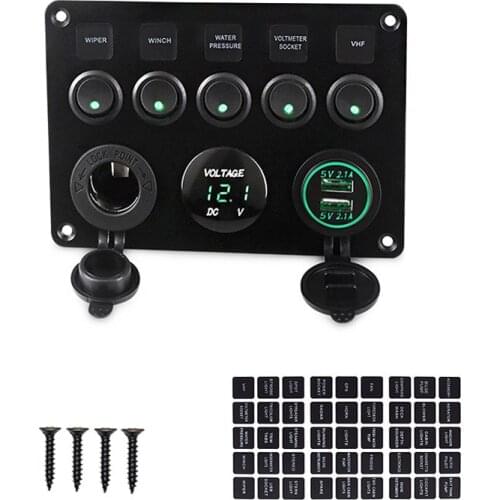 For Yacht Caravan Truck Marine Boat with LED Digital Voltmeter 2 USB Charger 5 Gang Marine Switch Panel