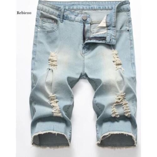 Shorts Jeans For Men Ripped Jeans Summer Elastic Knee Length Short Jeans Slim Skinny Fit Stretch Male Black Jeans