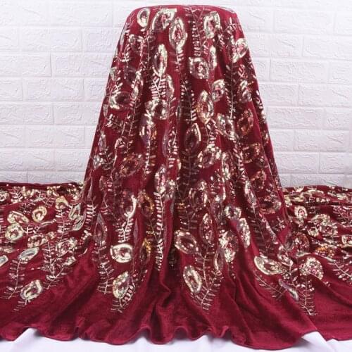Zhenguiru Red Velvet African Lace Fabric Sequins French Lace Fabric Embroidery Nigerian Fabric For Women Wedding And Party A2083