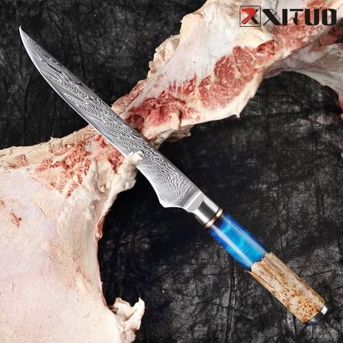 XITUO 67 Layers Damascus Steel Boning Knife Chef Knife Raw Fish Fillet Salmon Sharp Kitchen Knife Blue Resin Color Wood Handle