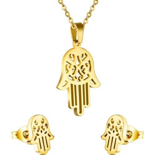 LUXUKISSKIDS Hand Shape Necklace Pendant Earrings Women Jewelry Sets Stainless Steel Gold Dubai Indian Jewellery Set For Girls