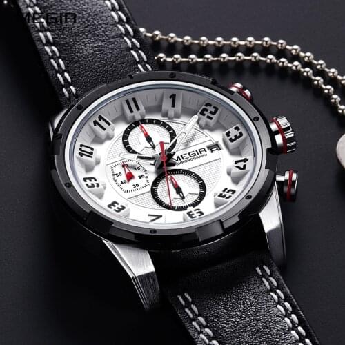 Mens Chronograph Quartz Wrist Watches Man Clock Sports Army Leather Strap Stop Watch Relogios Masculino Black White 2082GS-BK-7