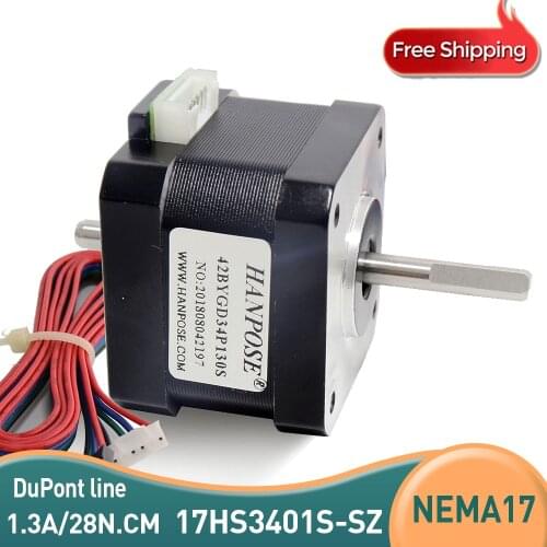Free shipping Nema 17 Stepper Motor 42 double shaft motor 42BYGH 1.3A (17HS3401S) two aixs motor 4-lead for 3D printer