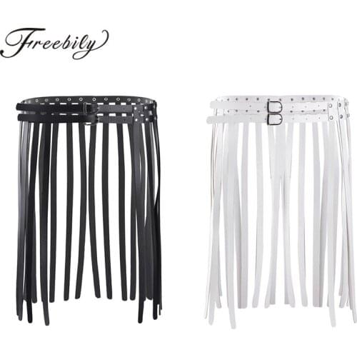 Newest Women Ladies Sexy Long Black Faux PU Leather Tassel Fringe Belt Skirt Female Double Pin Buckle Corset Waistband Belts
