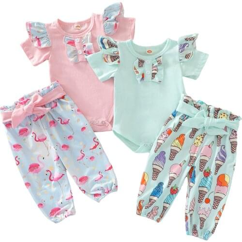 New 3PCS Baby Girls Summer Outfits, Short Sleeve Ruffle Romper + Belted Pants + Headband Set