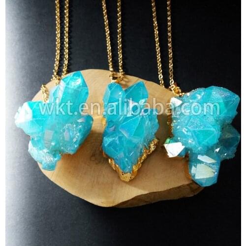 WT-N497 Wholesale blue Aura Aqua cluster stone necklace with 24k gold strim chain