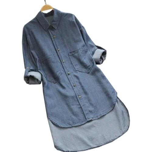 Irregular Women Denim Shirts Dress Big Size Women Clothing Dress with Pocket Button Tops Autumn Casual Denim Dress Women