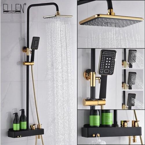 ELLEN Shelf Shower Hot Cold Rainfall Shower Set Wall Mounted Black Faucets with Hand Shower Rainfall Shower ELS9249