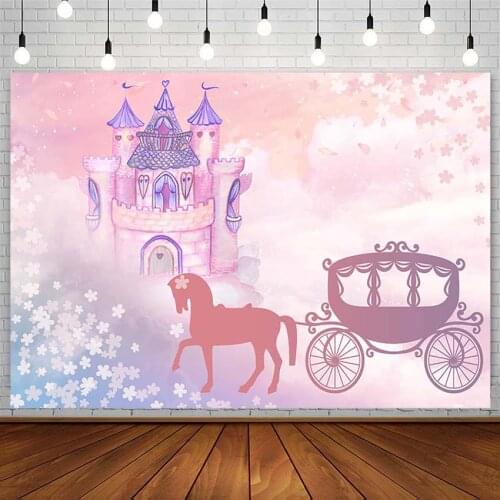 Pink Princess Backdrop Girl Birthday Party Decor Castle Carriage Floral Baby Shower Photography Background Photostudio Photozone