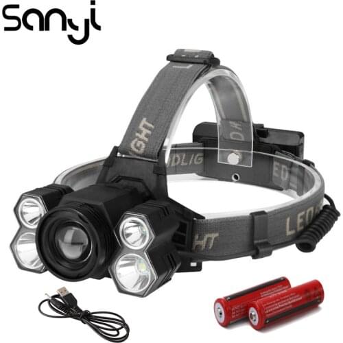 SANYI Super Bright 5 Modes Headlight Flashlight 3*T6+2*XPE Head Lamp Power by 2* 18650 Batteries Head Torch USB Rechargeable