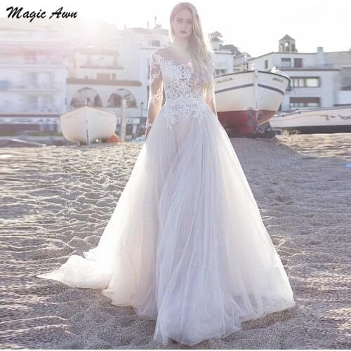 Magic Awn Long Sleeves Wedding Dresses Beach Lace Appliques Illusion Boho Mariage Gowns Customized Princess Abito Da Sposa