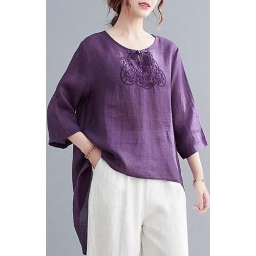 Oversized Women Cotton Linen Casual T-shirt New Arrival 2021 Summer Vintage Style Embroidery Loose Female Long Tops Tees B006