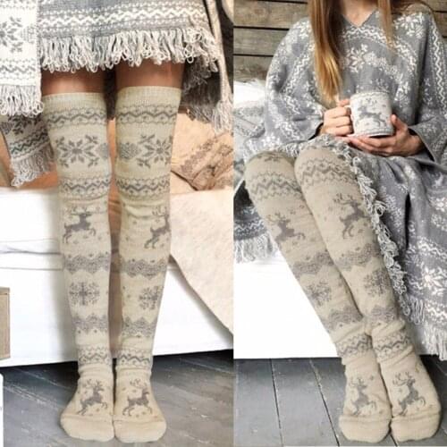 Women Christmas Knitted Stockings Thickened Thigh High Over Knee Long Snowflakes Elk Pattern H9