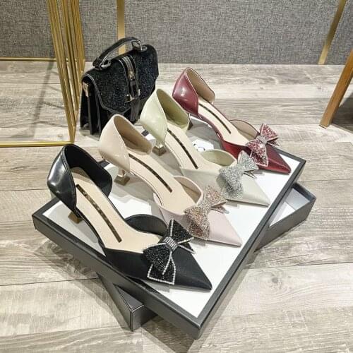 2021 New Arrivals Bow Design Shallow Slip On Mules Shoes Thin High Heels Pumps Black Wine red Beige Office Pumps Size 35-39