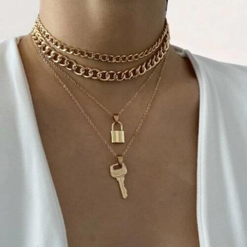 Gold Silver Color Multilayer Thick Chain Necklace for Women Key Lock Pendant Necklace Aesthetic Gothtic Statement Jewelry Gift