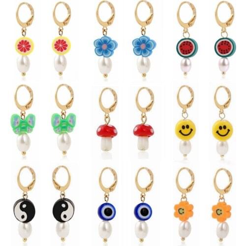 2021 New Fashion Rainbow Soft Pottery Heart Smiley Earring For Women Jewelry Vintage Punk Goth Earring Smiley Flower Evil Eye