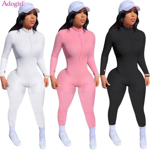 Adogirl Solid Ribbed Knitting Jumpsuits for Women Zipper Turtleneck Long Sleeve Skinny Overalls Female Casual Sport Tracksuit