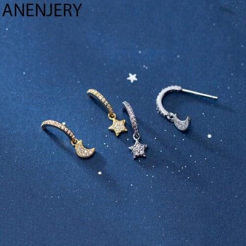 ANENJERY 925 Sterling Silver Dainty Moon Star Asymmetric Drop Earrings Shiny Cubic Zircon Ear Jewelry For Women Party S-E1104