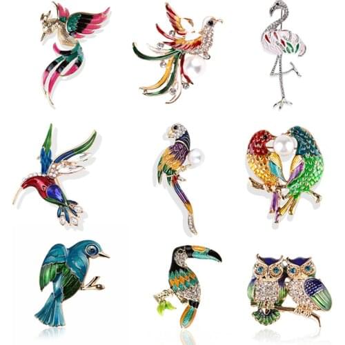 Women Enamel Crystal Brooch Pins Bird Phoenix Owl Swallow Woodpecker Brooches Jewelry Fashion Wedding Party Best Gift