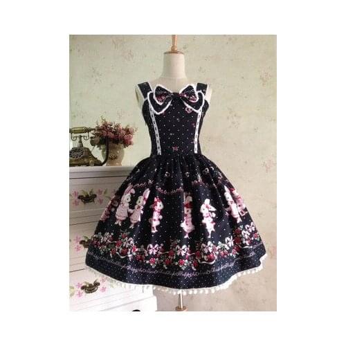 Summer sweet girl vintage big bow dots rabbit print cartoon gilrs spaghetti strap dress