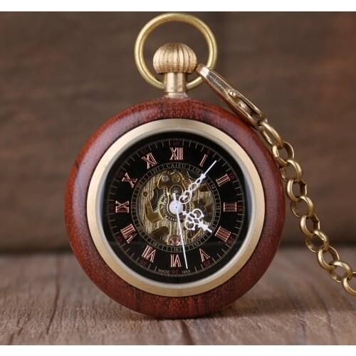Mechanical Pocket Watch Vintage Wooden Roman Numerals Creative Carving Luxury Wood Watches Pendant Chain