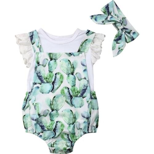 0-18M Cute Newborn Baby Girl Lace Sleeveless White Bodysuit Tops Cactus Overall Suspender Romper Headband 3PCS Summer Clothes
