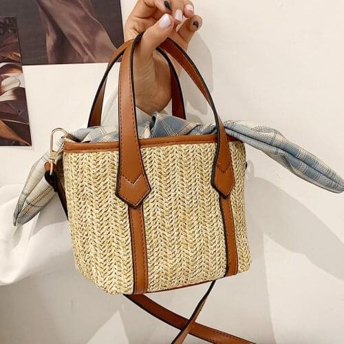 Fashion PU Leather Splice Straw Weave Women Shoulder Bag Handmade Straw Womens Handbags Bohemian Beach Bucket Woven Womens Bag
