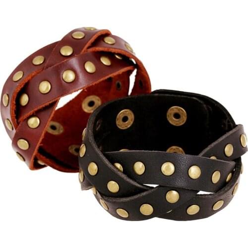 Fashion Punk Vintage Rivets Braided Wide Leather Bracelet Weave Charm Bangles Wrap Retro Wristbands for Women Men Biker Jewelry