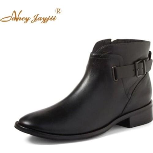 Women Adult Ladies Boots Black Solid Patent Leather Ankle Round Toe Zipper Low Square heels Leisure Concise Nancyjayjii 2019