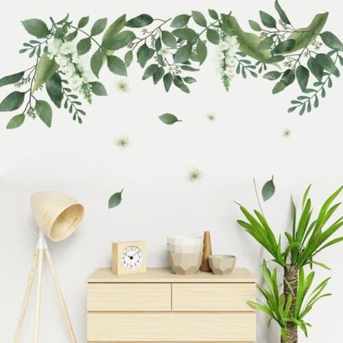 Green Leaves Wall Stickers Room Decoration White Flowers Bedroom Living Room Wall Decor Removable DIY Wall Decals Mural Poster