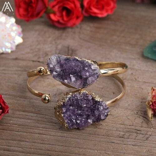 Natural Amethysts Quartz Freeform Slab Beads Open Cuff Bangle Fashion Women Quartz Crystal Gold Copper Bangle Bracelet Jewelry