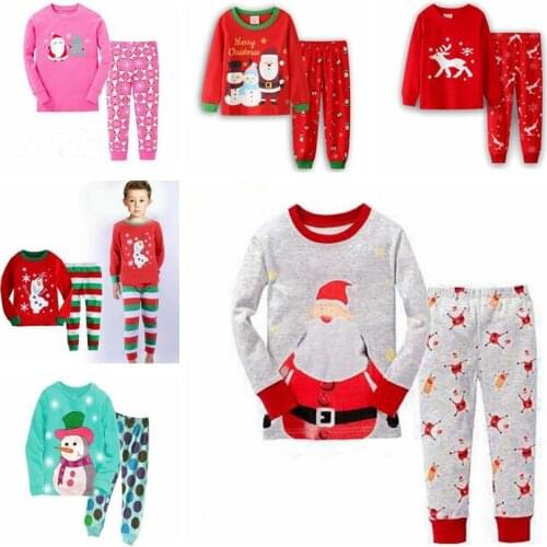 New Christmas Children Cartoon Warm Cotton Clothing Suit Baby Girls Boys Pyjamas T-shirt Stripe Pants 2pcs Kids Pajamas Set