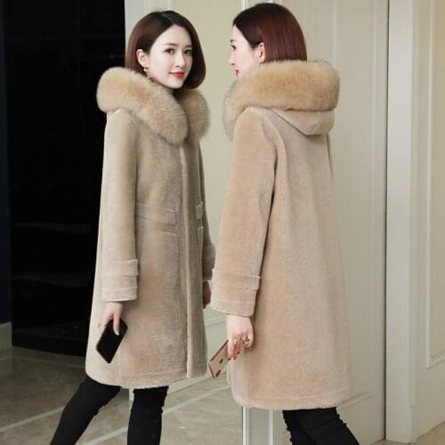 Coat Real 2020 Womens Winter Clothes Women Fox Collar Long Sheep Shearing 200% Wool Jacket Korean Fur Coats KJ4672