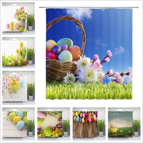 Easter Shower Curtains Colored Egg Flowers Green Plant Bathroom Decor Waterproof Polyester Home Bathtub Curtain Set With Hooks