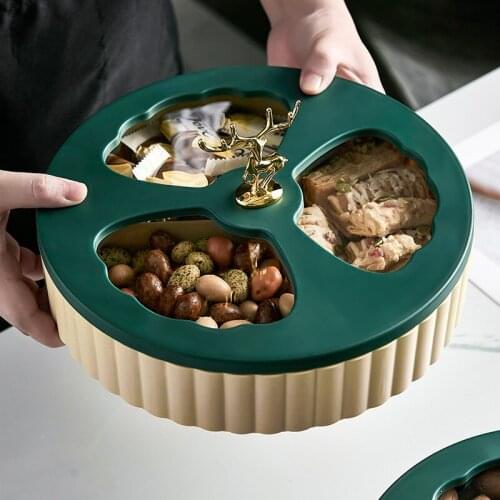 Nordic Luxury Plastic Snack Serving Tray with Transparent Lid and Elk Handle Home Dried Fruit Nuts Storage Box Dessert Plate