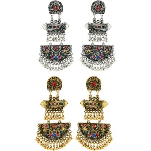 Gypsy Indian Bell Dangle Earrings Retro Ethnic Bali Mexico Tassel Colorful Rhinestones Jhumka Earrings for Women 2 Color