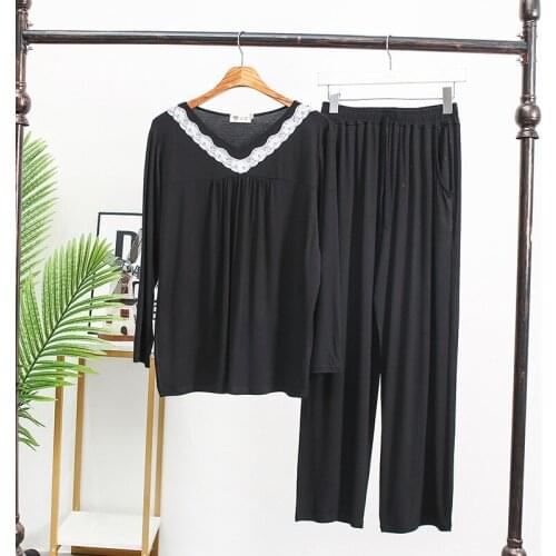 Spring Summer Large Size Modal Pajamas Womens Home Wear V-neck Lace Nightwear Long Sleeve Trousers Atmosphere Simple Fashion