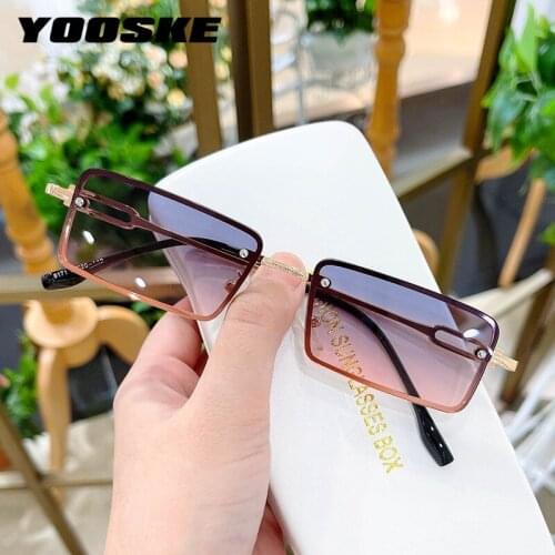 YOOSKE Trendy Rimless Sunglasses Women Small Metal Frame Vintage Brand Gradient Rectangle Eyewear Lady Outdoors Shades UV400